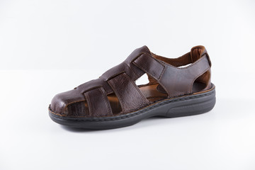 Male Brown Sandal on White Background, Isolated Product, Top View, Studio.