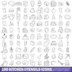 100 kitchen utensils icons set, outline style