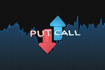 Put and call color arrows binary option chart on black. 3D illustration