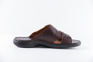 Male Brown Slipper on White Background, Isolated Product, Top View, Studio.
