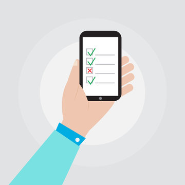 hand holding smartphone with checklist icon vector design