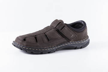 Male Brown Sandal on White Background, Isolated Product, Top View, Studio.