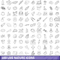 100 live nature icons set, outline style