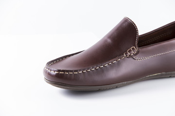Male Brown Shoe on White Background, Isolated Product, Top View, Studio.