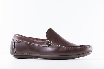 Male Brown Shoe on White Background, Isolated Product, Top View, Studio.