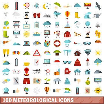 100 meteorological icons set, flat style