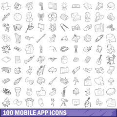 100 mobile app icons set, outline style