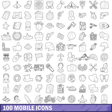 100 mobile icons set, outline style