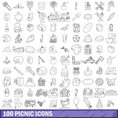 100 picnic icons set, outline style