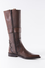 Female Brown Boot on White Background, Isolated Product, Top View, Studio.