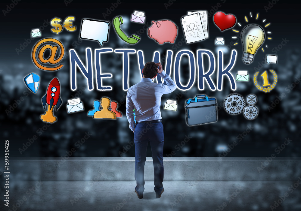 Poster businessman watching social network sketch on a rooftop 3d rendering