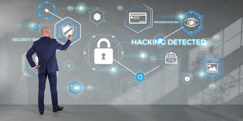 Businessman using antivirus interface on a wall 3D rendering