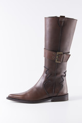 Female Brown Boot on White Background, Isolated Product, Top View, Studio.