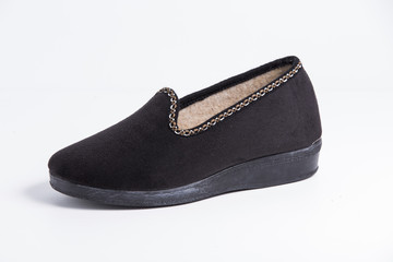 Female Black Shoe on White Background, Isolated Product, Top View, Studio.