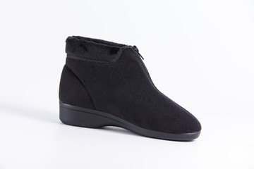 Female Black Shoe on White Background, Isolated Product, Top View, Studio.