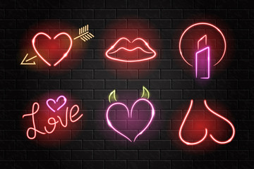 Vector collection of realistic isolated neon erotic signs for decoration on the wall background.