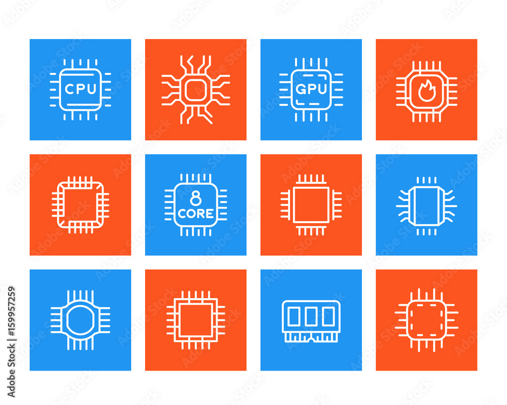 Poster chipset, microchip, cpu line icons set
