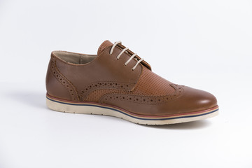 Male Brown Shoe on White Background, Isolated Product, Top View, Studio.