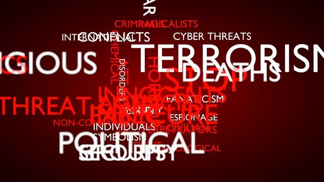 Terrorism, stop word tag cloud. 3D rendering, loop able, red variant. UHD