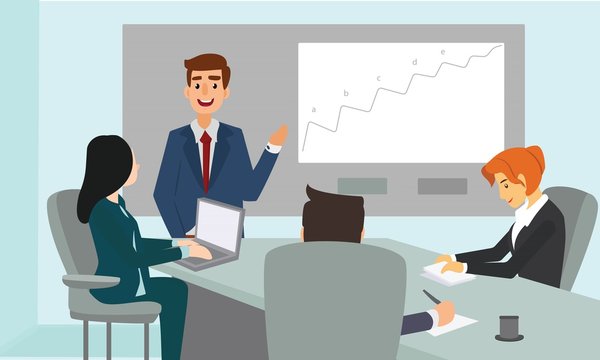 Businessman explaining graph and strategy. Business meeting presentation illustration vector.