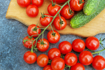 red tomatoes on a branch and board