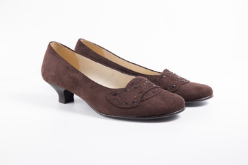 Female Brown Shoe on White Background, Isolated Product, Top View, Studio.