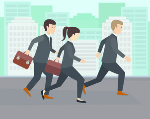 Young business people running in black suits for work. Hurrying businesspeople time concept illustration vector.