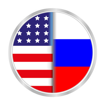 Round sign symbol the flags of Russia and the United States.
