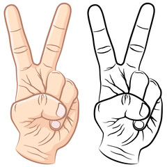 Vector illustration of a hand giving a victory (or peace) sign, in color and black and white.