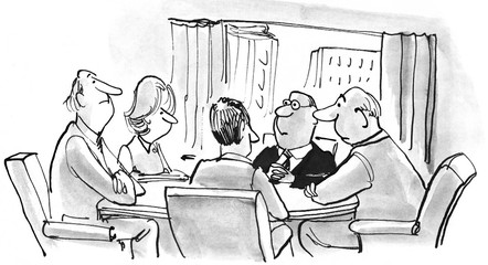 Business cartoon illustration showing five business people in a meeting. 