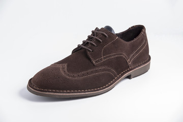 Male Brown Shoe on White Background, Isolated Product, Top View, Studio.