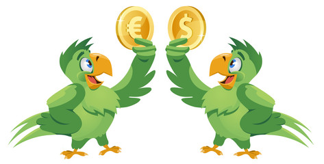Obraz premium One parrot holding dollar symbol and another parrot holding euro symbol . Cartoon styled vector illustration. Elements is grouped. Isolated on white.
