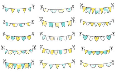 Blue, yellow and white fresh summer buntings with black outline