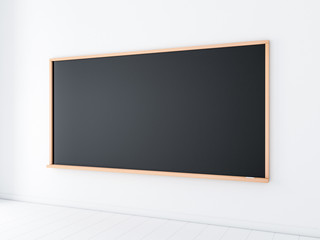 Black School chalk board with wooden frame in empty interior, 3d rendering