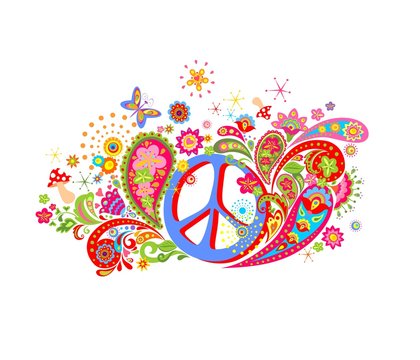 Psychedelic print with hippie peace symbol, mushrooms, colorful abstract flowers and paisley