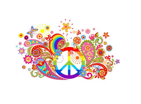 T-shirt colorful print with abstract flowers, hippie peace symbol and rainbow