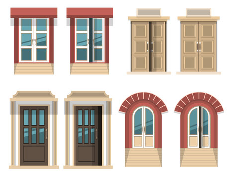 Different opened and closed doors. Vector illustration.