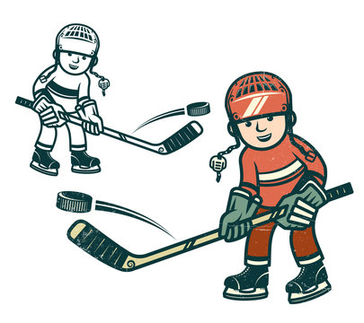 Boy hockey player in equipment. Vintage colors. Worn texture on a separate layer and can be easily disabled.
