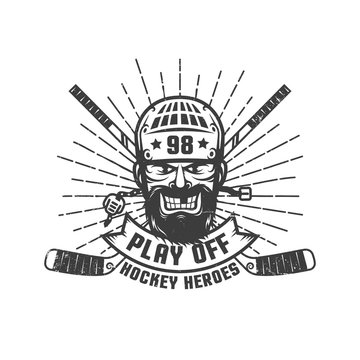 Hockey play off logo with bearded player in retro style. Worn texture on a separate layer and can be easily disabled.