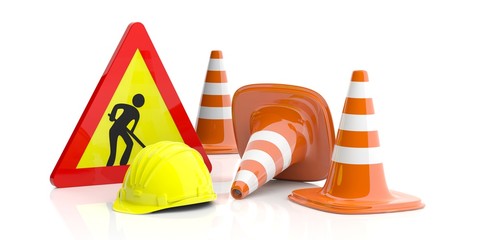 Traffic cones and sign and hard hat on white background. 3d illustration