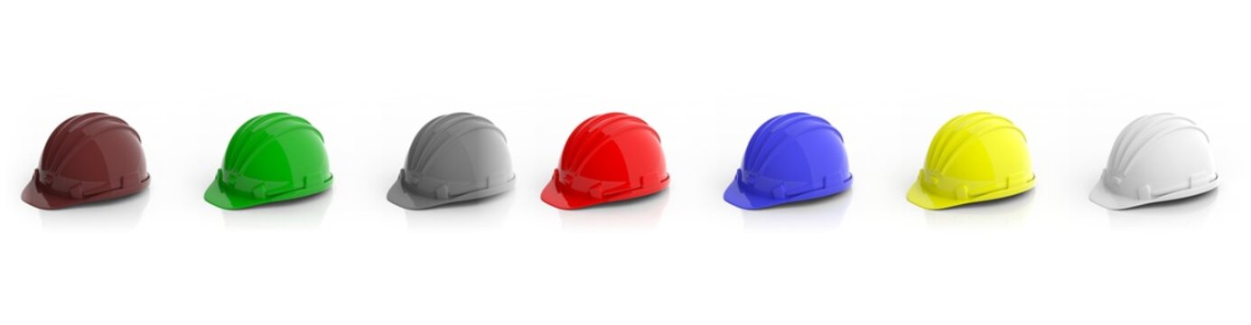 Colorful construction helmets on white background. 3d illustration