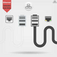 Ethernet cable and port isolated vector black and white icons, network socket icons, ethernet connector icon - obrazy, fototapety, plakaty