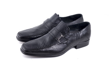 Male Black Shoe Leather Quality on White Background, Isolated Product, Top View, Studio.