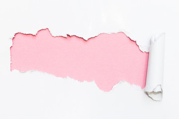 Pink hole in white paper. Empty space for text. - obrazy, fototapety, plakaty