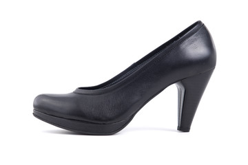 Female Black Shoe Leather on White Background, Isolated Product, Top View, Studio.