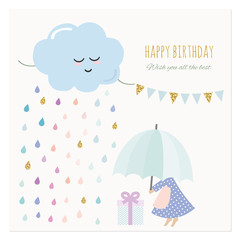 Cute birthday card with little girl and colorful rain drops. Watercolor cartoons with glitter elements.