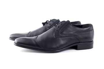 Male Black Shoes Leather Quality on White Background, Isolated Product, Top View, Studio.