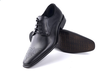 Male Black Shoes Leather Quality on White Background, Isolated Product, Top View, Studio.