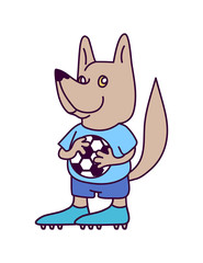 Wolf soccer goalkeeper character wearing shirt, shorts and boots. Smiling dog football player in blue soccer uniform holding a football in paws. Association football team logo. Sport game mascot.
