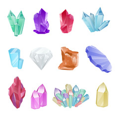 Vector set of colored minerals, crystals, gems and diamonds. Magic crystals of different forms on white background. Isolated bright shining jewels of pink, blue and green colors